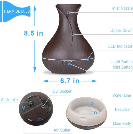 Aroma Diffuser Vase 550 ml with 7 colours led lights Dark Wood use with essential oil